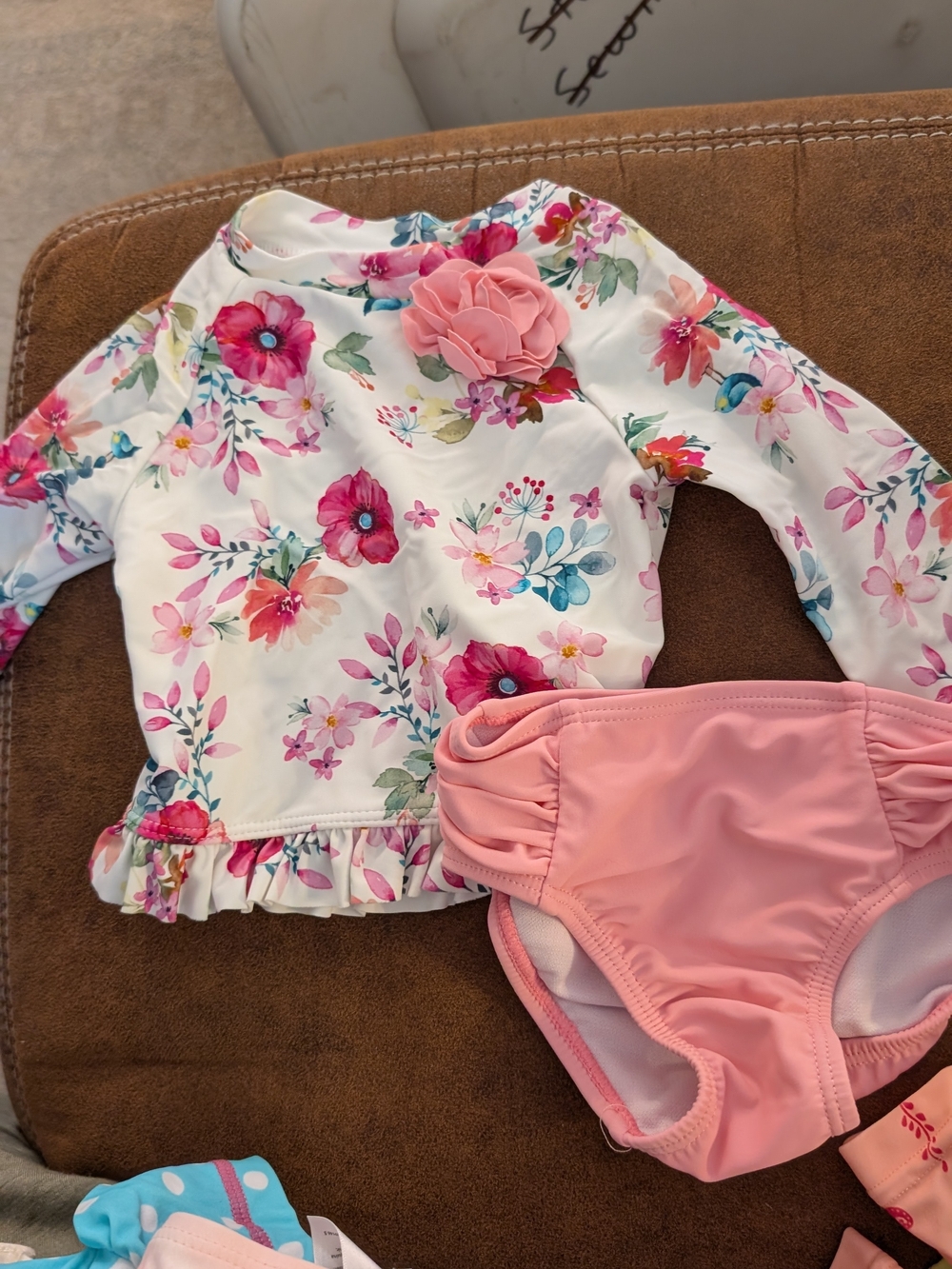 Little Me White Floral Rashguard Set with Pink Bottoms